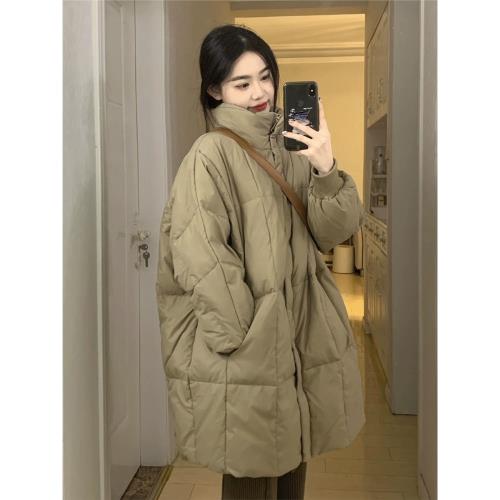 美拉德穿搭中長款蝙蝠袖棉服外套女春秋日系復古加厚保暖棉衣棉襖