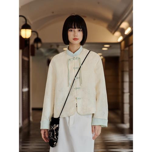 PSO Brand 奶油卡其提花撞色新中式上衣女款國風立領盤扣夾克外套