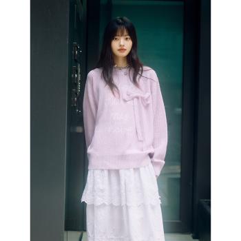 PSO Brand 仿馬海毛蝴蝶結刺繡文字套頭圓領毛衣女款針織衫上衣秋