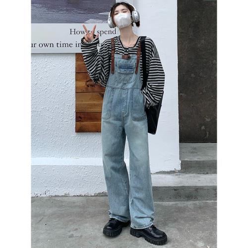 美式高腰直筒牛仔背帶褲女2026春新款減齡小眾寬松連體褲長褲ins