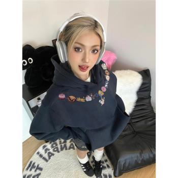 純棉銀狐絨加厚連帽衛衣女秋冬季美式高街潮牌設計感小眾寬松外套