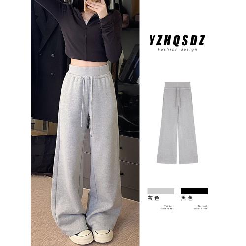 加絨加厚秋冬款褲子中低腰寬松直筒衛褲女闊腿褲冬季小個子休閑褲
