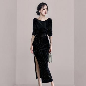 晚禮服秋季宴會氣質金絲絨連衣裙名媛性感開叉燙鉆長裙顯瘦小黑裙