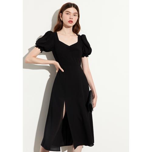 赫本風方領連衣裙女夏季設計感小眾氣質收腰顯瘦裙子女御姐輕熟風