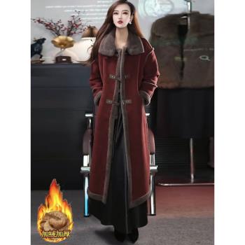 加絨加厚毛呢外套女2024秋冬新款洋氣顯瘦皮毛一體中長款妮子大衣