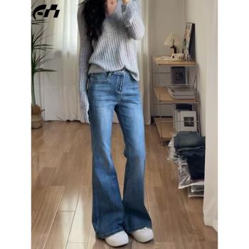 美式微喇牛仔褲女春夏新款復古小個子藍色彈力修身喇叭拖地褲子