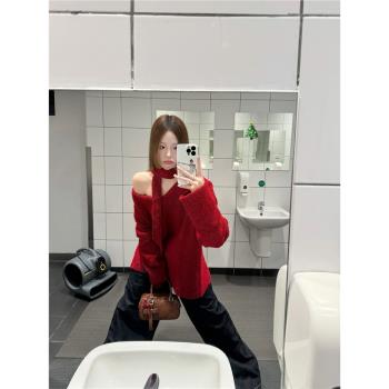 韓系紅色新年聖誕一字肩毛衣女春秋千禧辣妹風露肩寬松針織衫上衣