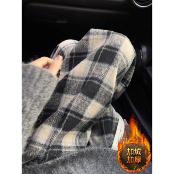 300斤特大碼胖mm黑白格子毛呢休閑褲女冬季衛褲加絨加厚直筒褲子