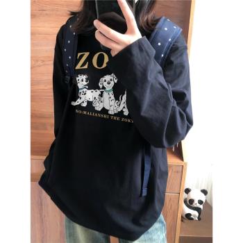 100%純棉美式潮牌oversize正肩長袖t恤女春季小眾設計感復古上衣