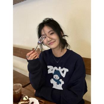 純棉美式復古oversize雪人圓領衛衣女秋冬加絨加厚設計感小眾上衣