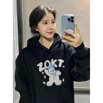 純棉美式復古oversize黑色連帽衛衣女秋冬加絨設計感小眾卡通外套
