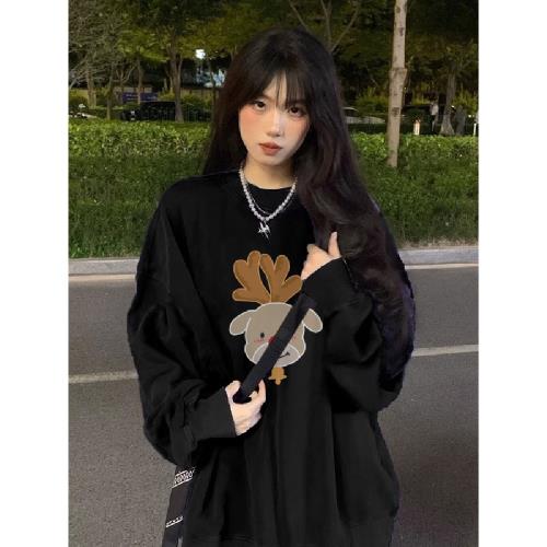 純棉美式復古新年圓領衛衣女秋冬薄款寬松潮牌小眾設計感長袖上衣