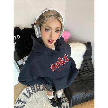 100%純棉美式復古潮牌字母連帽衛衣女2025新款設計感小眾寬松外套