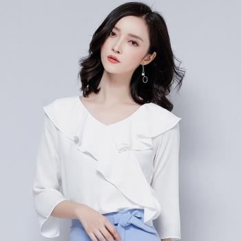 夏季雪紡衫中袖女2024新款韓版寬松荷葉邊七分袖顯瘦白色甜美上衣