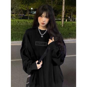 100%純棉美式復古字母圓領衛衣女秋冬加絨加厚高街小眾設計感上衣