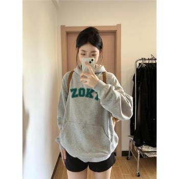 100%純棉美式復古灰色連帽衛衣女秋冬加絨加厚設計感小眾潮牌外套