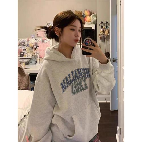 100%純棉美式復古oversize薄款連帽衛衣女秋冬小眾設計感潮牌上衣