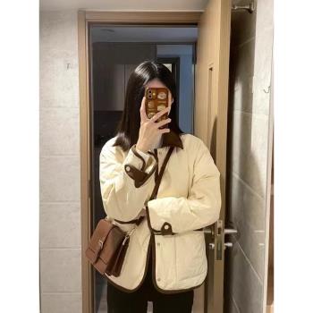 日系小香風輕薄菱格羽絨棉服女冬季小個子翻領加厚保暖棉衣棉襖潮