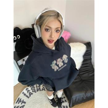 100%純棉美式復古銀狐絨加厚連帽衛衣女冬季設計感小眾卡通外套潮