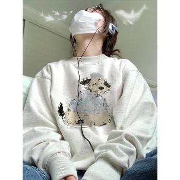 100%純棉美式復古oversize潮牌圓領衛衣女冬季設計感小眾長袖上衣