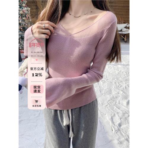 v領半透拼接薄霧粉打底衫女春秋純欲內搭毛衣喇叭袖低領針織上衣