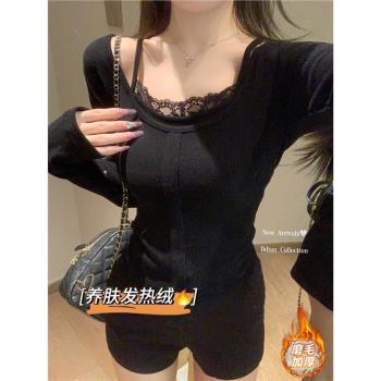 miu系吊帶蕾絲黑色打底衫女春秋純欲內搭t恤慕斯羊絨磨毛保暖上衣