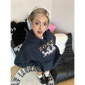 100%純棉美式潮牌oversize連帽衛衣女冬銀狐絨加厚設計感小眾外套
