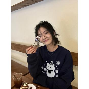 純棉美式復古oversize加絨加厚圓領衛衣女秋冬小個子寬松長袖上衣