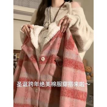 胖妹妹大碼女裝假兩件紅色格子棉服女冬季甜美加厚高階感毛呢外套