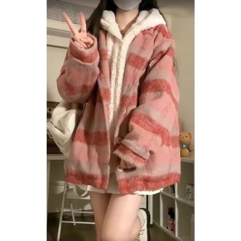 特大碼女裝胖mm韓系假兩件棉服女冬季加厚保暖外套紅色連帽棉衣潮
