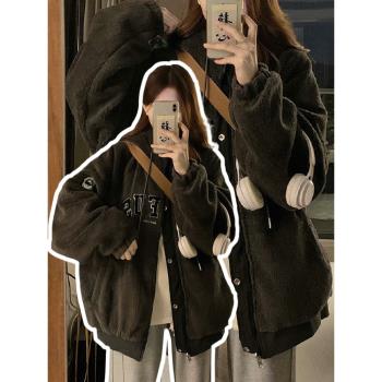 胖mm大碼女裝美式復古棉衣棉服女冬季雙面穿羊羔毛加厚連帽外套潮