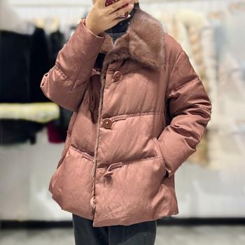 2024冬新款高階時尚韓版休閑拼接水貂毛皮草鵝絨羽絨服女亞麻外套