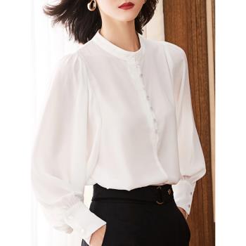 立領白色襯衫女長袖2024春季新款雪紡上衣大碼燈籠袖職業女士襯衣