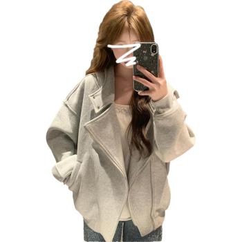 Wassup kates美式高街灰色連帽衛衣女春秋冬季高階感外套加絨加厚