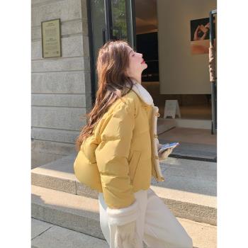 黃色短款羊羔毛拼接麵包羽絨服2025新款女冬超好看小個子加厚外套