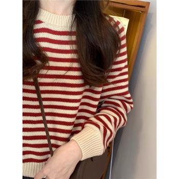 復古紅色條紋圓領套頭針織衫女秋冬小個子休閑慵懶風短款毛衣外穿
