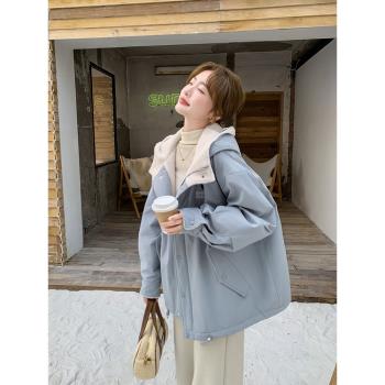 藍色羊羔毛絨拼接沖鋒衣外套2025新款女冬季加絨加厚甜美派克棉服