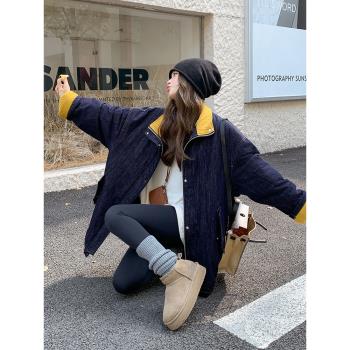 藏藍撞色拼接牛仔內膽羽絨服2025新款女冬復古寬松加厚白鴨絨外套