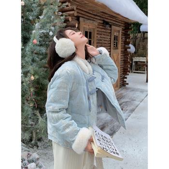 藍色新中式毛絨盤扣刺繡羽絨服2025新款女冬超好看高階國風厚外套