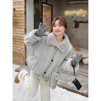 淺藍色皮毛一體外套女羊羔毛2025冬季復古機車服麂鹿皮絨加厚夾克