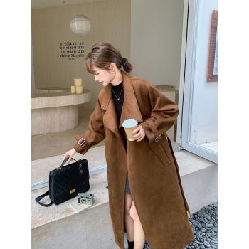 咖色麂皮絨加絨風衣外套女冬2025年新款防風加厚派克羽絨棉服大衣