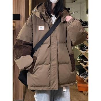300斤大碼胖mm美式工裝拼接連帽羽絨棉服女冬季新款加厚寬松外套