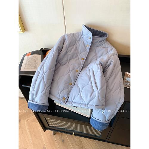 藍色加厚立領燈芯絨夾棉棉服女2024冬季新款休閑保暖加厚短款外套