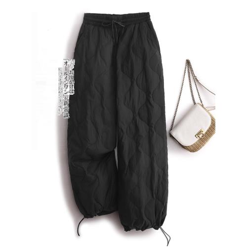 歐貨輕薄羽絨棉褲女2024冬外穿松緊腰顯瘦寬松防風保暖夾棉闊腿褲