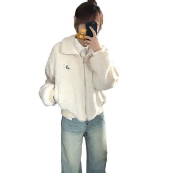 Wassup kates學院風搖粒絨翻領外套女春秋冬季寬松短款羊羔毛上衣