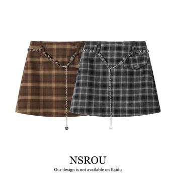 NSROU美式復古高腰顯瘦毛呢格子半身裙短裙女士秋冬季a字包臀jk裙