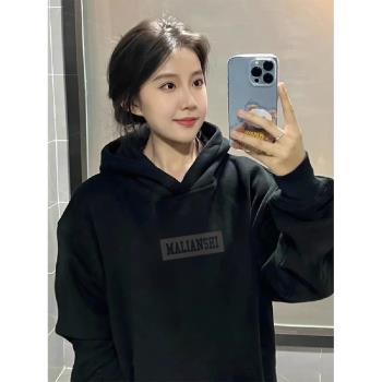 100%純棉秋冬季加厚加絨連帽衛衣女美式潮牌字母寬松慵懶chic外套