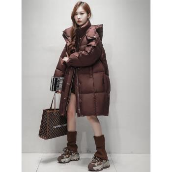 古弄高品質白鴨絨羽絨服女商場同款冬季2024新款簡約連帽中長款潮