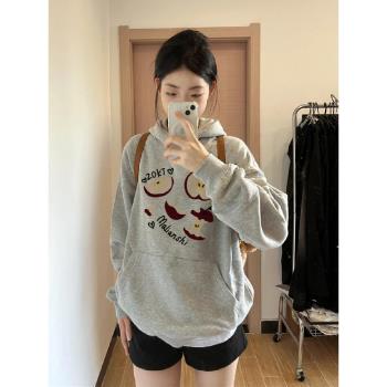 純棉銀狐絨加厚灰色連帽衛衣女秋冬季寬松潮牌美式小眾設計感外套