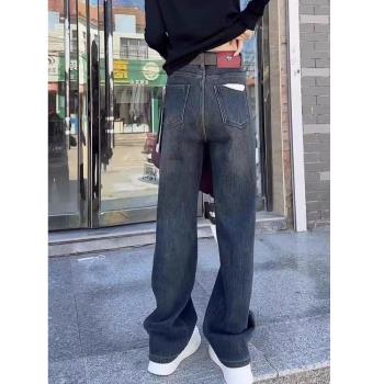 復古直筒牛仔褲女士加絨褲子春秋季加厚鄭州大碼顯瘦窄版闊腿長褲